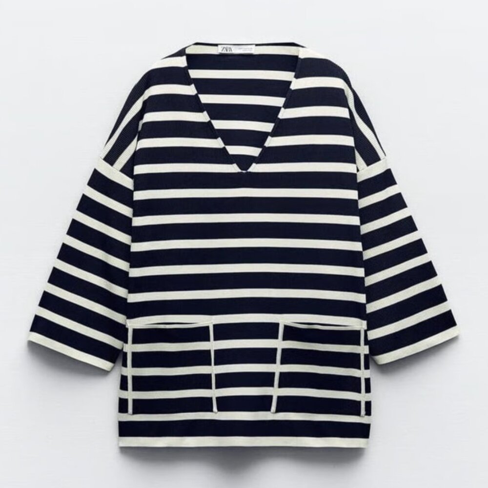 New Zara Women Knit Cropped Striped Pockets Black White Top Tunic Sweater Size S